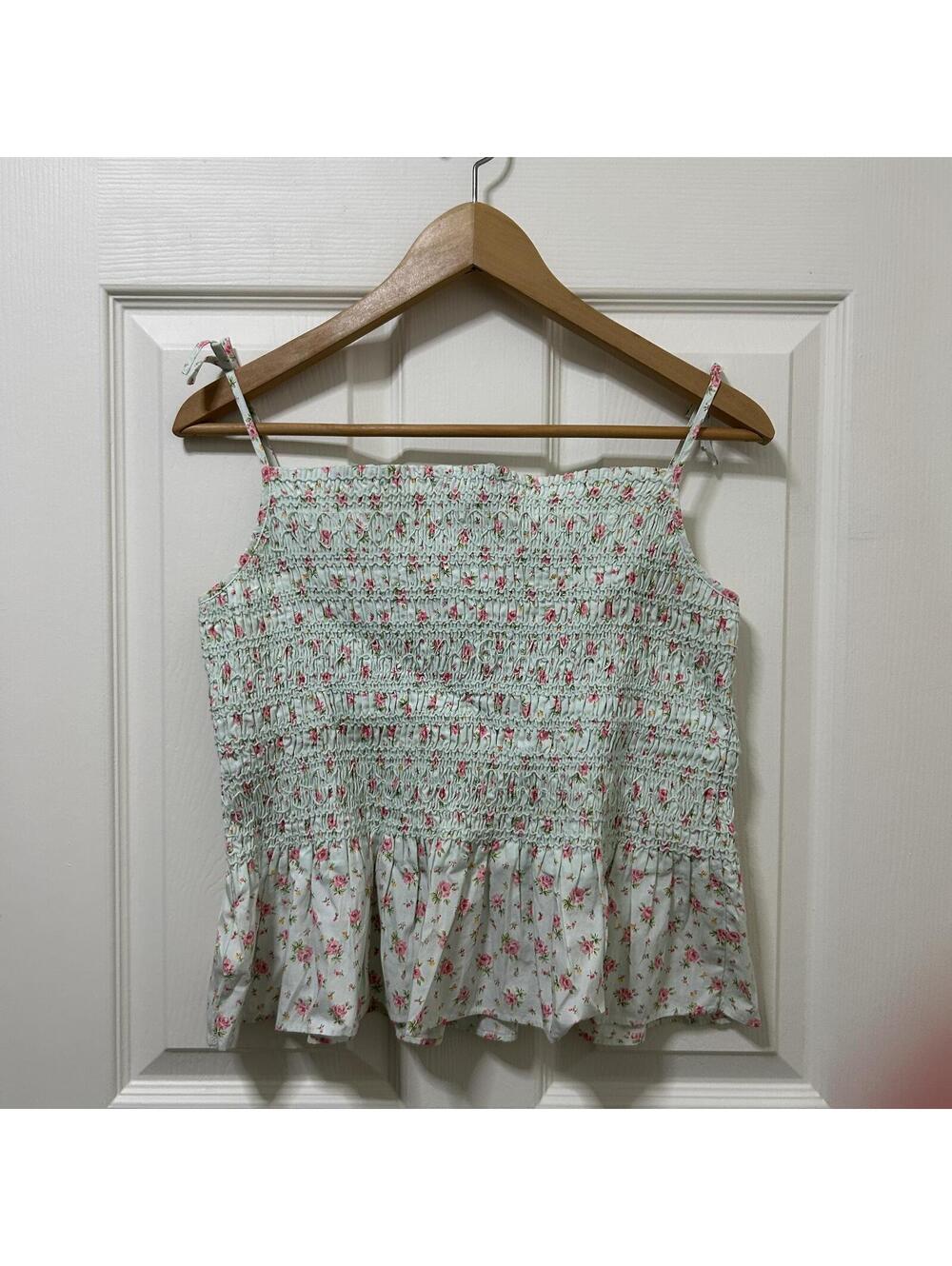 Y2K Polo Ralph Lauren Smocked Romantic Floral Cami Mint Pink Cottage Rose Top XS